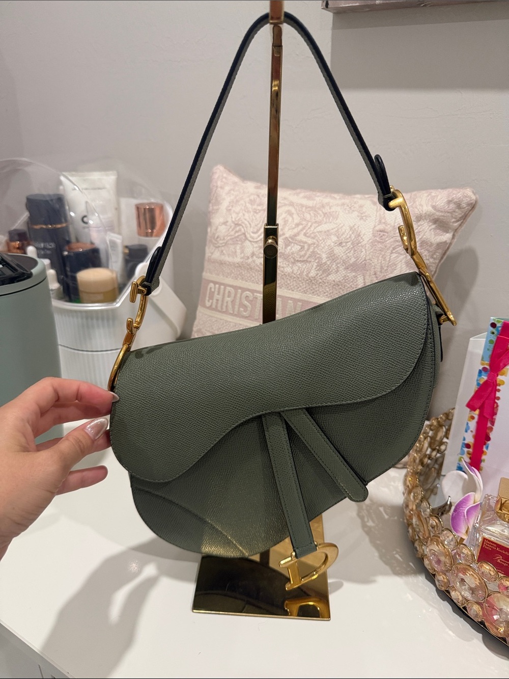 Dior Olive Green Saddle Shoulder Bag with Black Strap